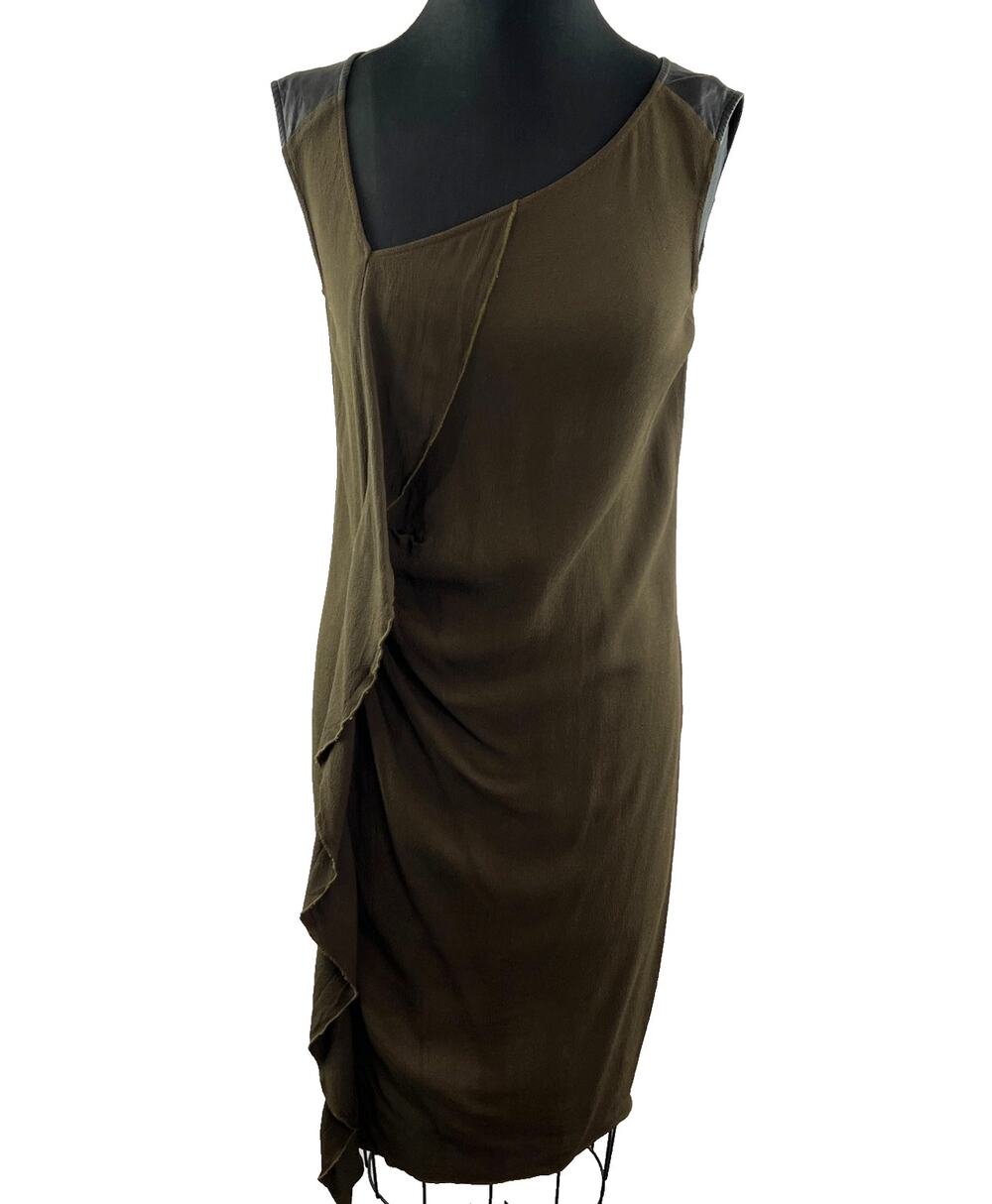PURE DKNY V Neck Front Ruffle Dress Dark Olive Green Leather Trim M Medium $335